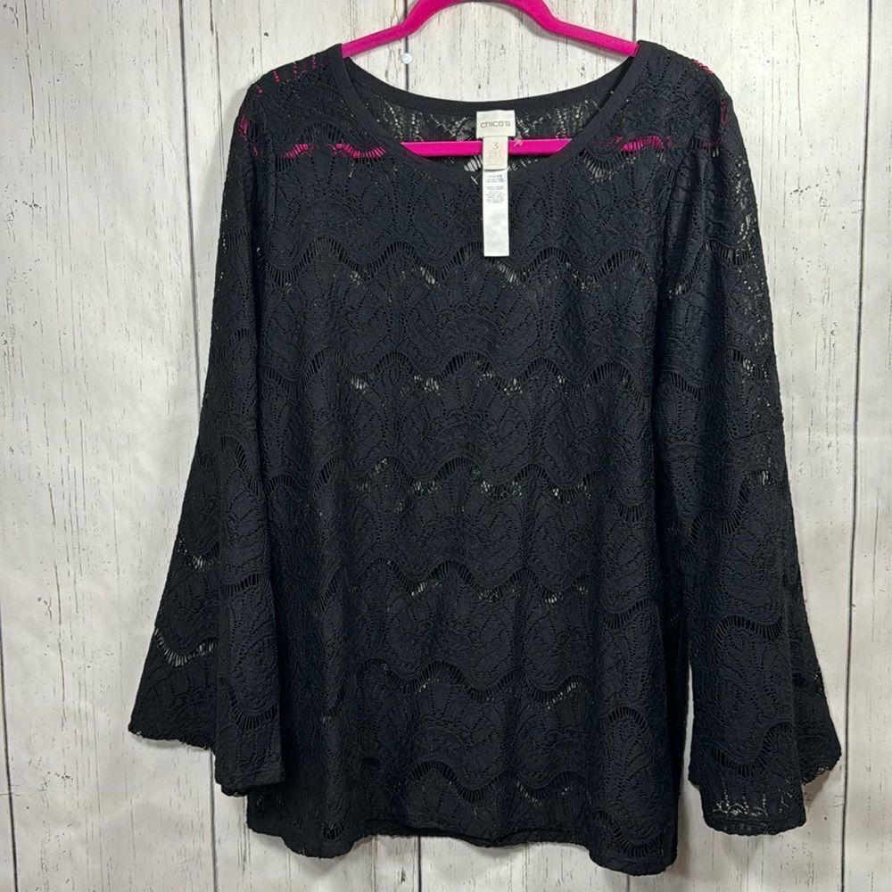 Chicos Black Lace Top 3/4 Sleeve Sheer Floral Boho Elegant Size XL Feminine